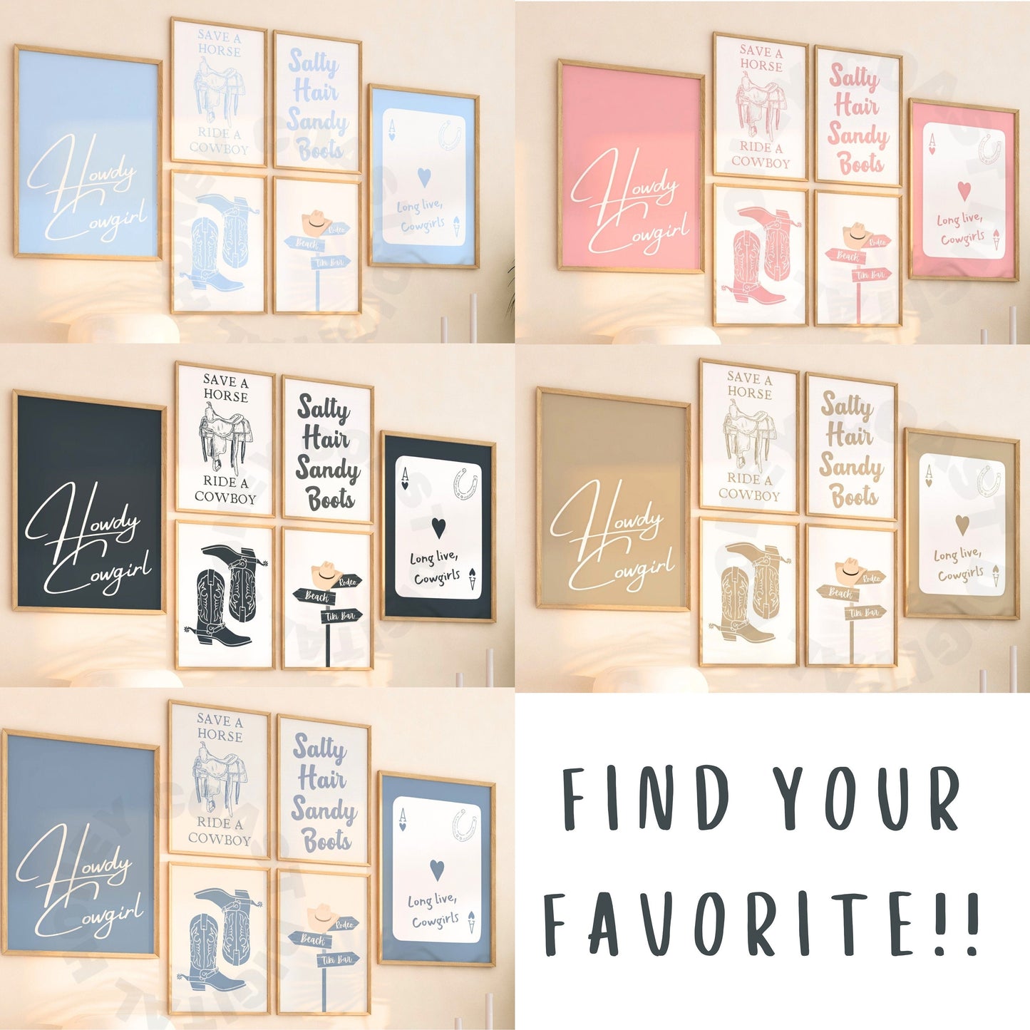 Coastal Blue Cowgirl Digital Prints, Set of 6