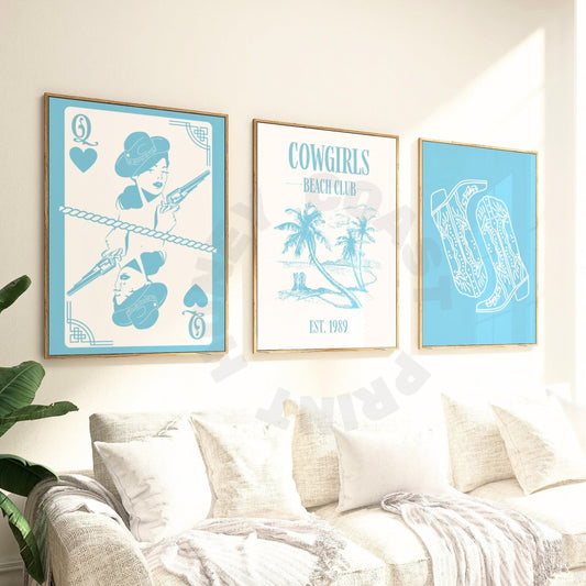 Surf Blue Coastal Cowgirl Digital Prints, Set Of 3