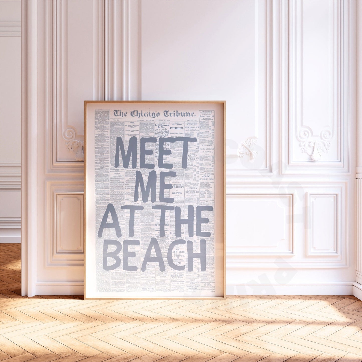 Coastal Blue Meet Me At the Beach Retro Newspaper Digital Prints