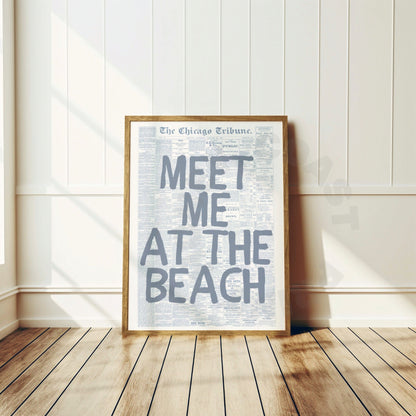 Coastal Blue Meet Me At the Beach Retro Newspaper Digital Prints