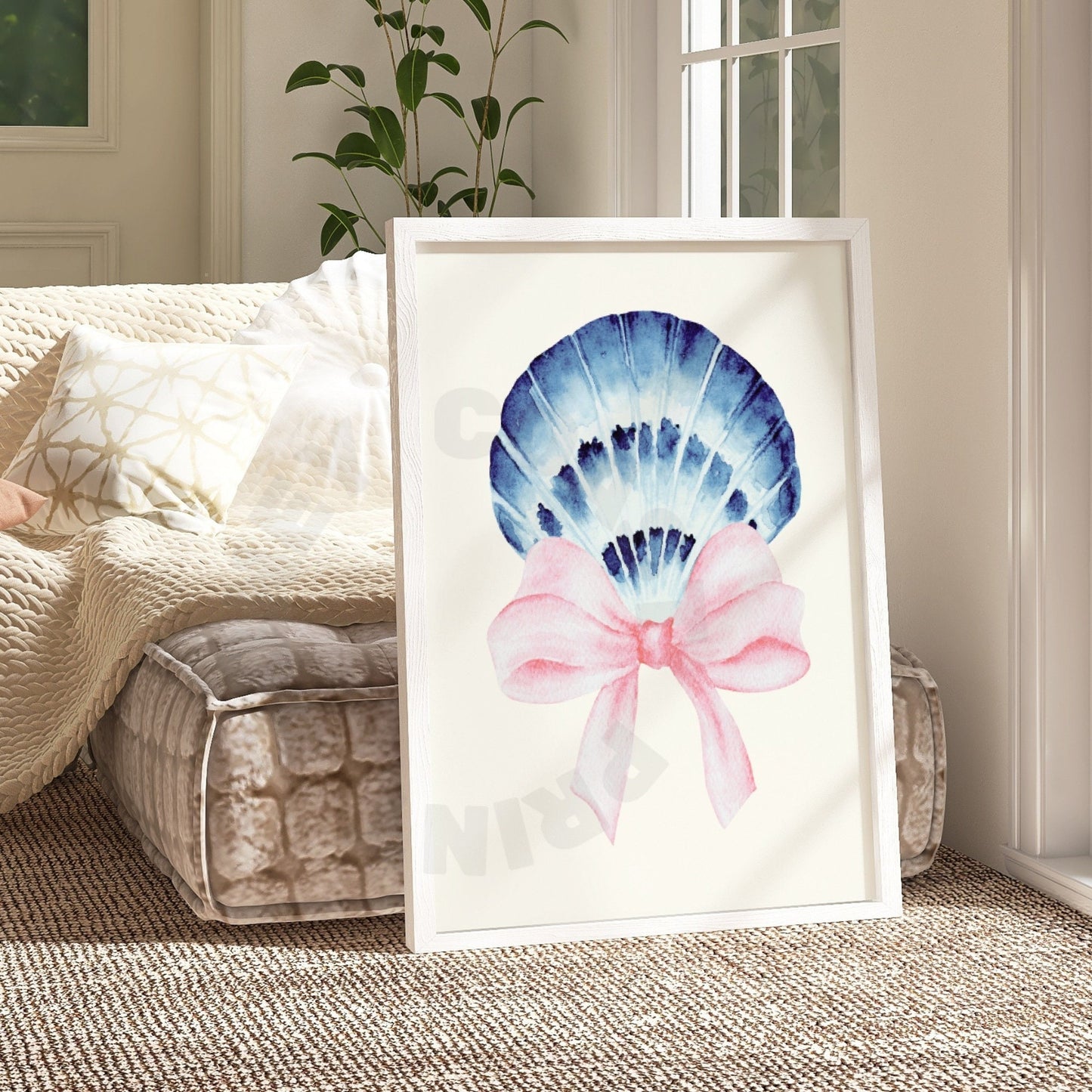 Watercolor Seashell With Pink Bow Poster