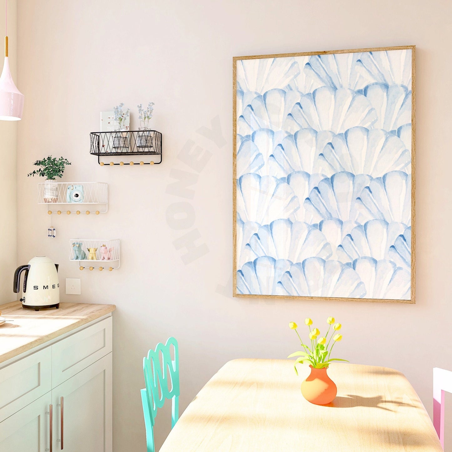 Watercolor Pastel Blue Seashells Digital Prints