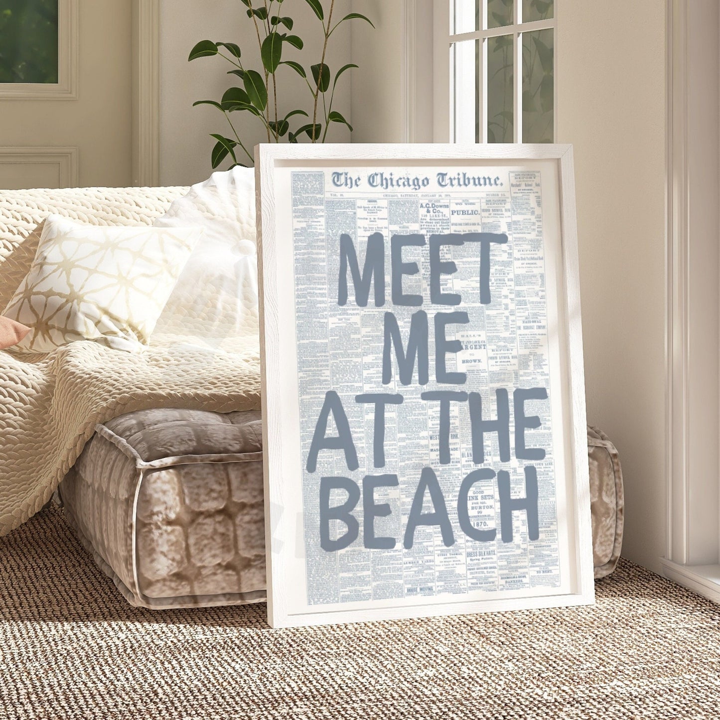 Coastal Blue Meet Me At the Beach Retro Newspaper Digital Prints