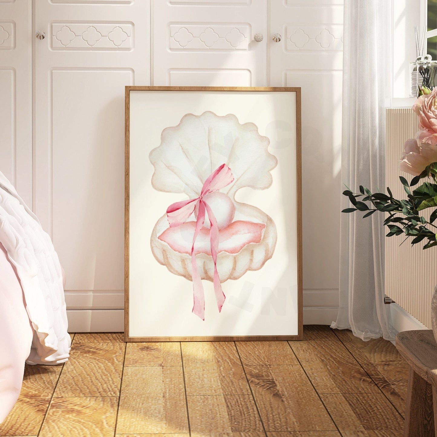 Watercolor Seashell Pearl With Bow Poster