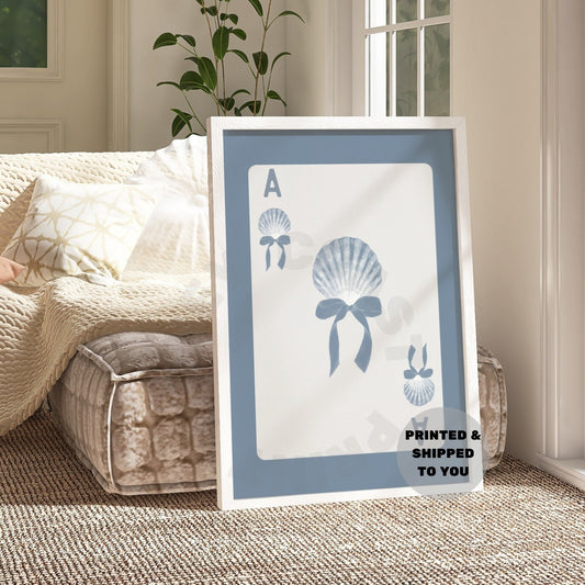 Coastal Blue Seashell And  Bow Playing Card Poster