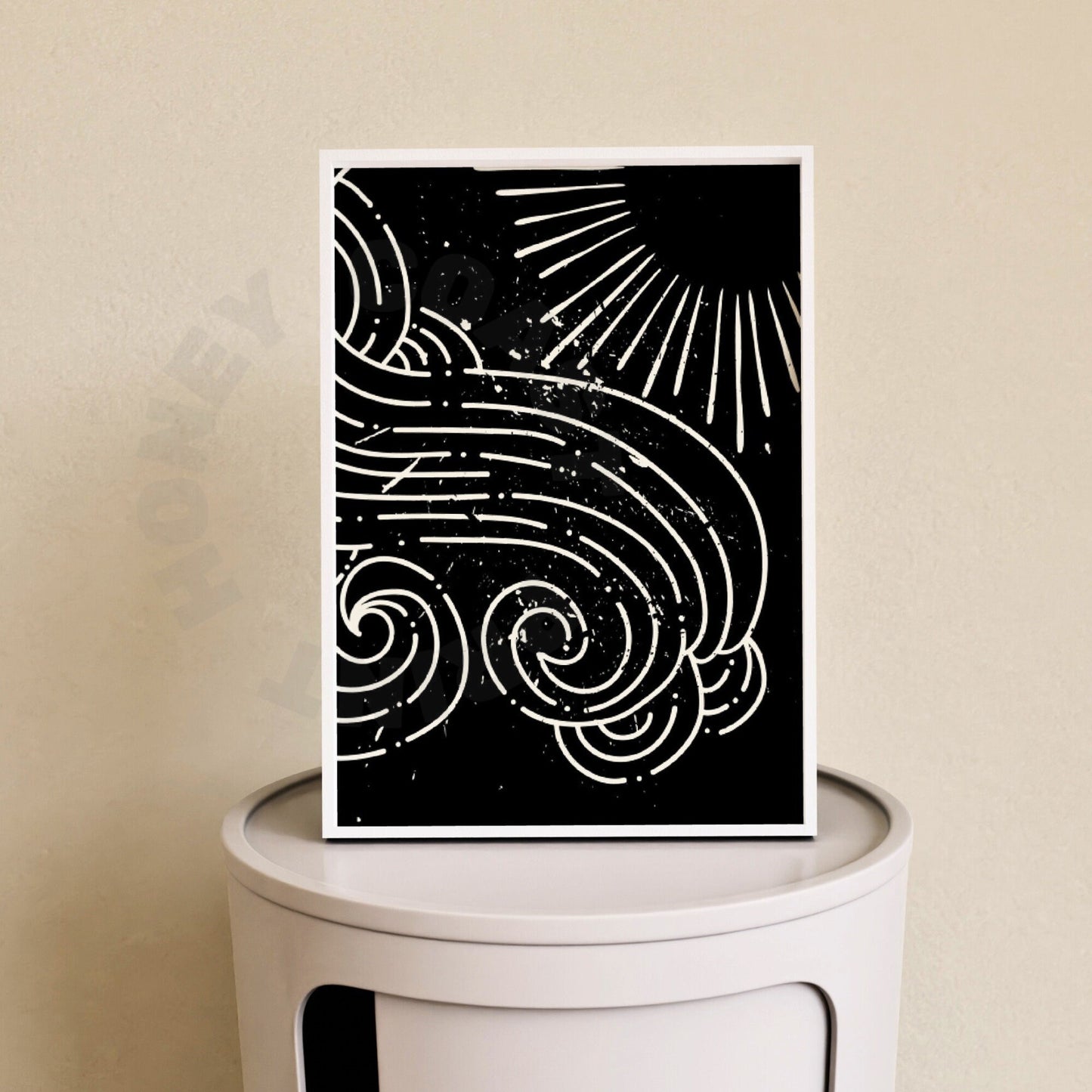 Monotone Wave And Sun Digital Prints