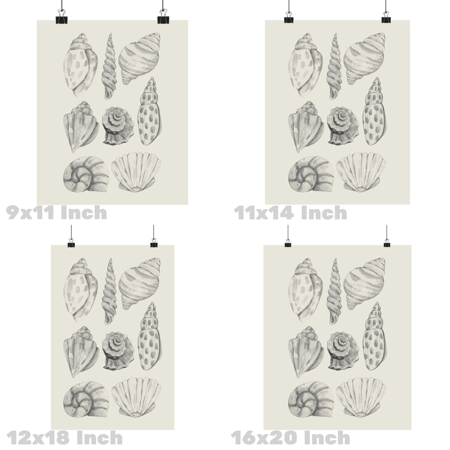 Monotone Watercolor Seashells Poster