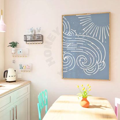 Coastal Blue Sun And Wave Digital Prints