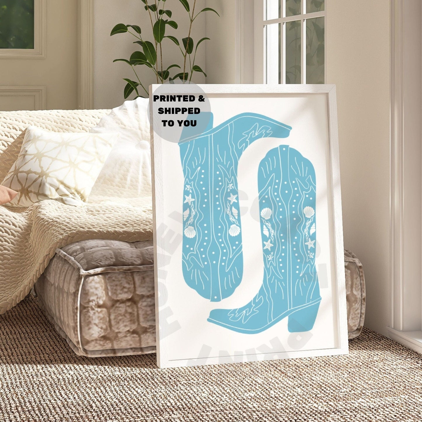 Surf Blue Seashells Cowboy Boots Poster