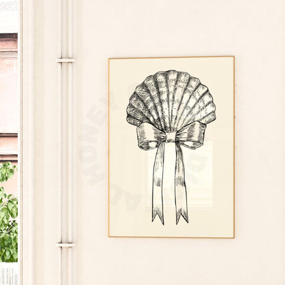 Monotone Seashell With Bow Sketch Digital Prints