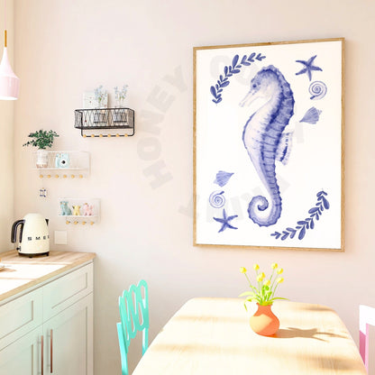 Navy Muted Seahorse Poster