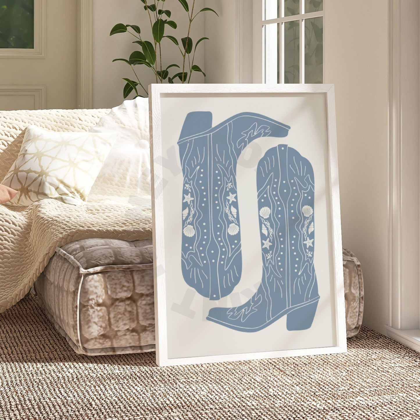 Coastal Blue Seashells Cowboy Boots Digital Prints