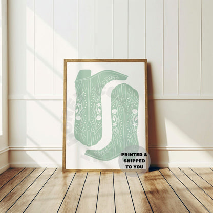 Sage Green Seashells Cowboy Boots Poster