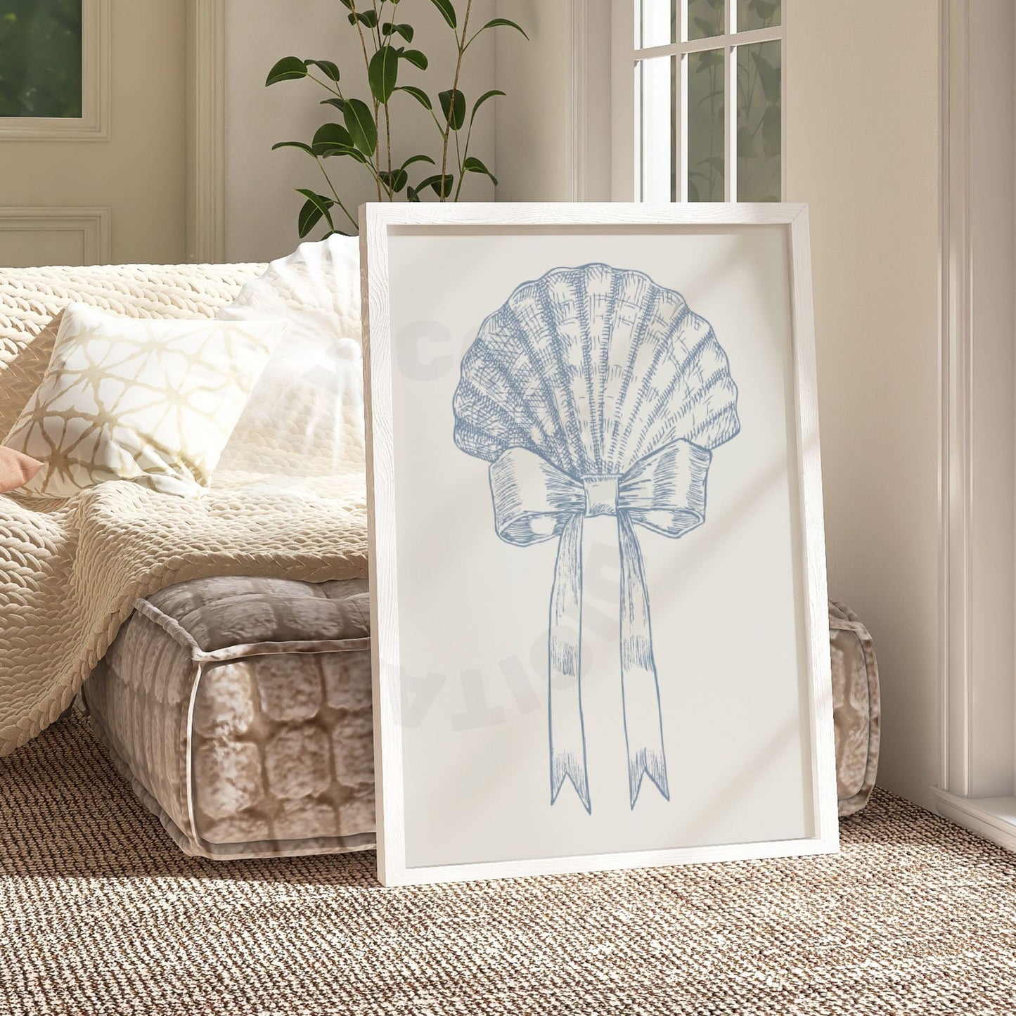 Coastal Blue Seashell With Bow Digital Prints