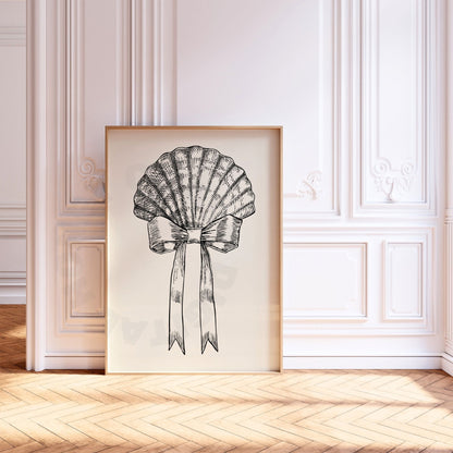 Monotone Seashell With Bow Sketch Digital Prints