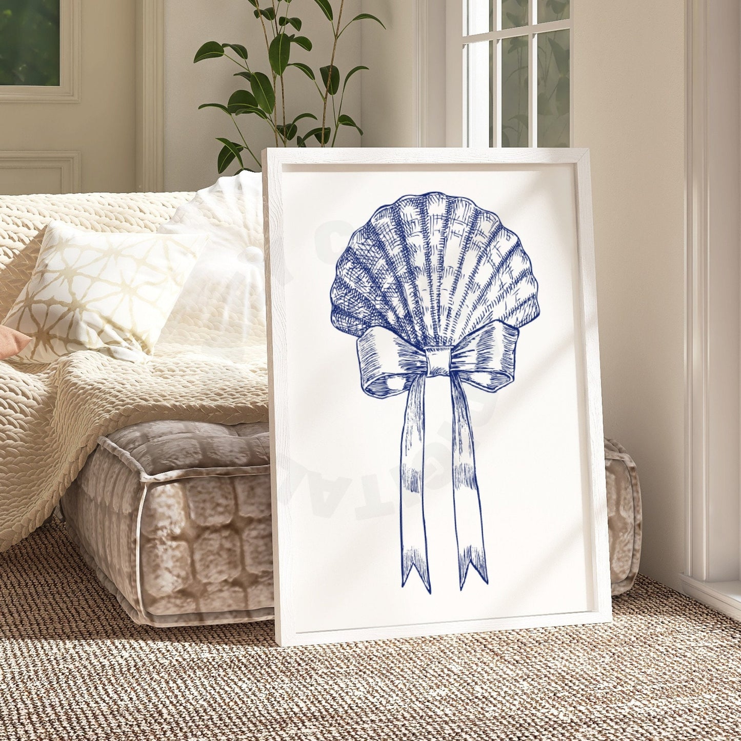 Navy Seashell Bow Sketch Digital Prints